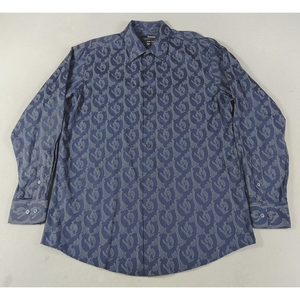 Murano Dress Shirt Mens Large Blue Paisley Stretch Jacquard Modern Comfort